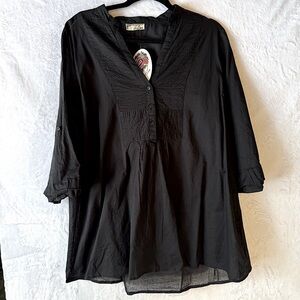 Black Lightweight Cotton Tunic Popover Top Pleated Tuxedo Bib Whimsigoth Medium